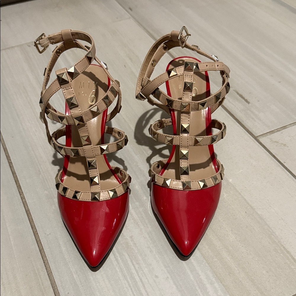 Mix No. 6 Red and Tan Studded Heels 👠